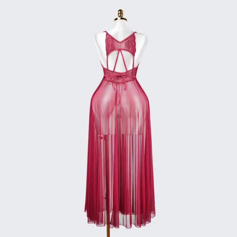 Sheer Embroidered Cutout Long Dress Fine Mesh Lingerie