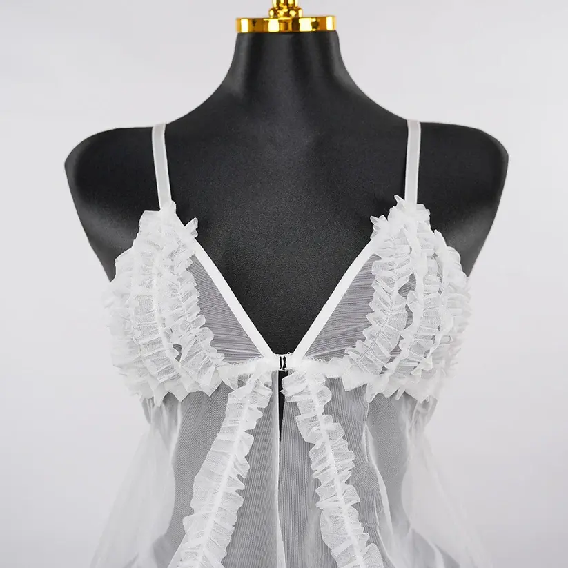 Lace Embroidery Deep V See-Through High Slit Babydoll Thong Set