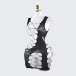 Fishnet Cutout Rhinestone Spaghetti Strap Backless Chemise