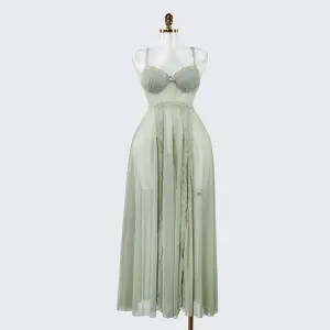 Elegant Seductive Mesh Embroidered Spaghetti Strap Long Dress