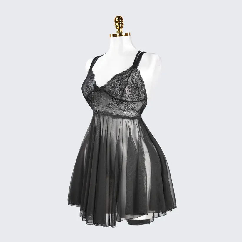 Sheer Fine Mesh Embroidered Babydoll Spaghetti Strap Lingerie
