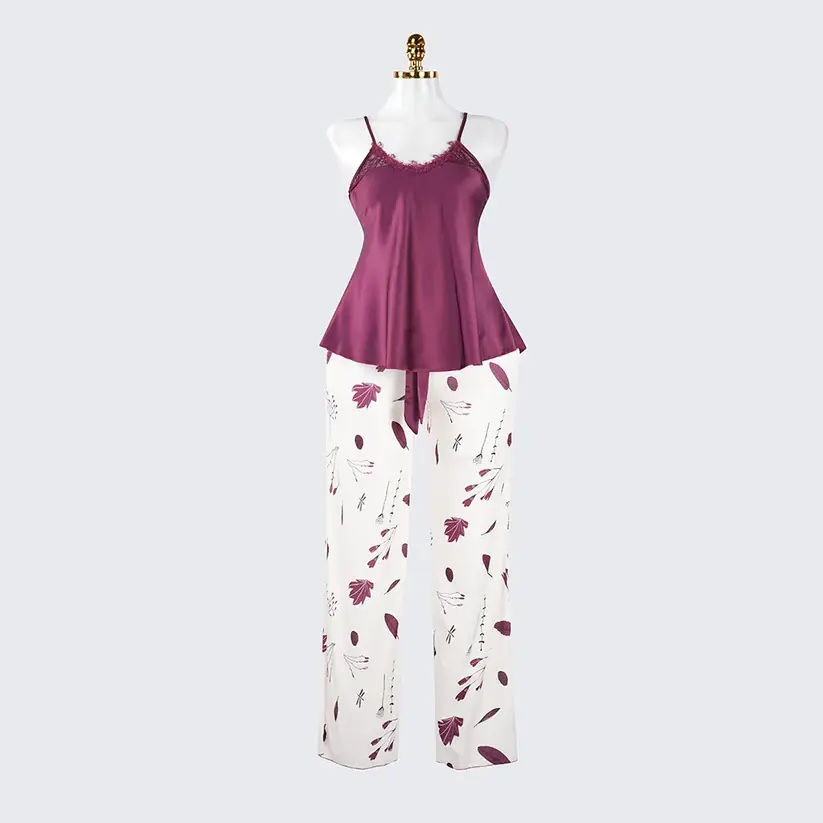 Silk Lace Trim Cutout Camisole Pants Sleepwear Set