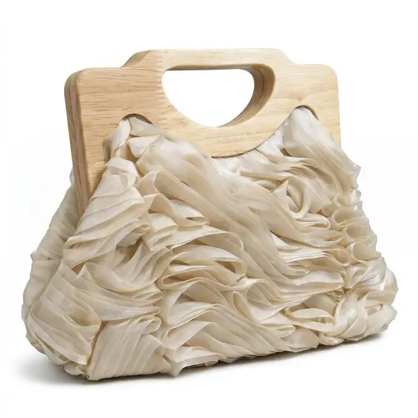 English: Elegant Ruched Handbag with Natural Wooden Handle. VS-53