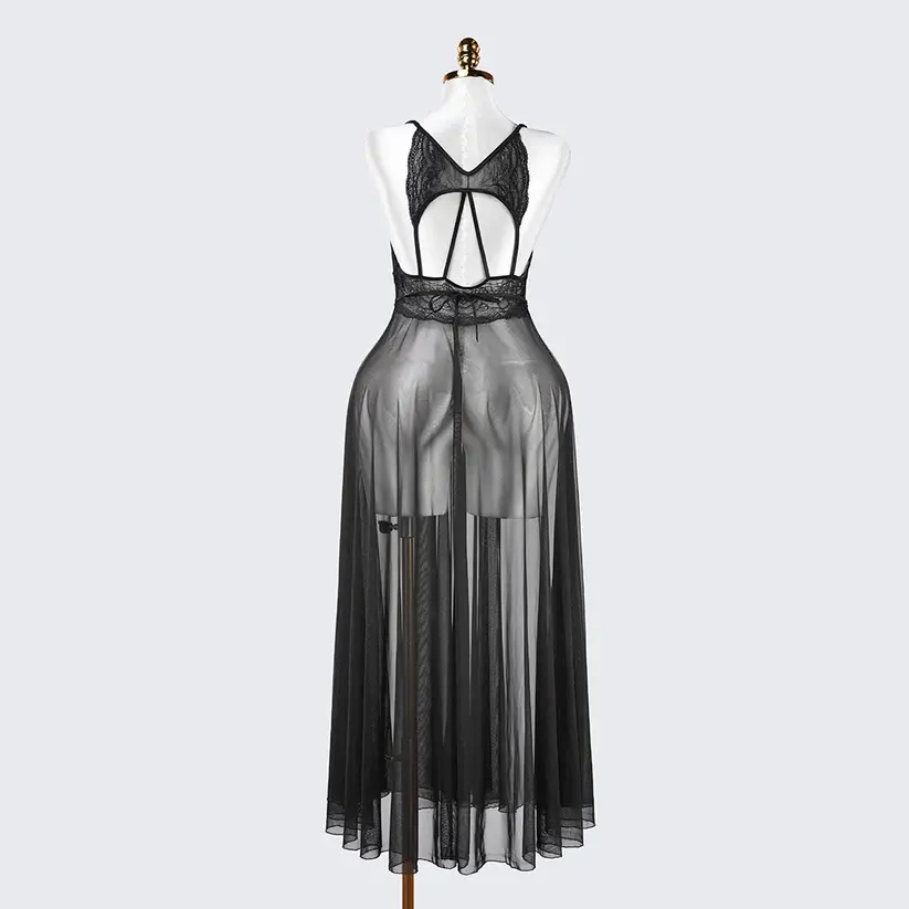 Sheer Embroidered Cutout Long Dress Fine Mesh Lingerie