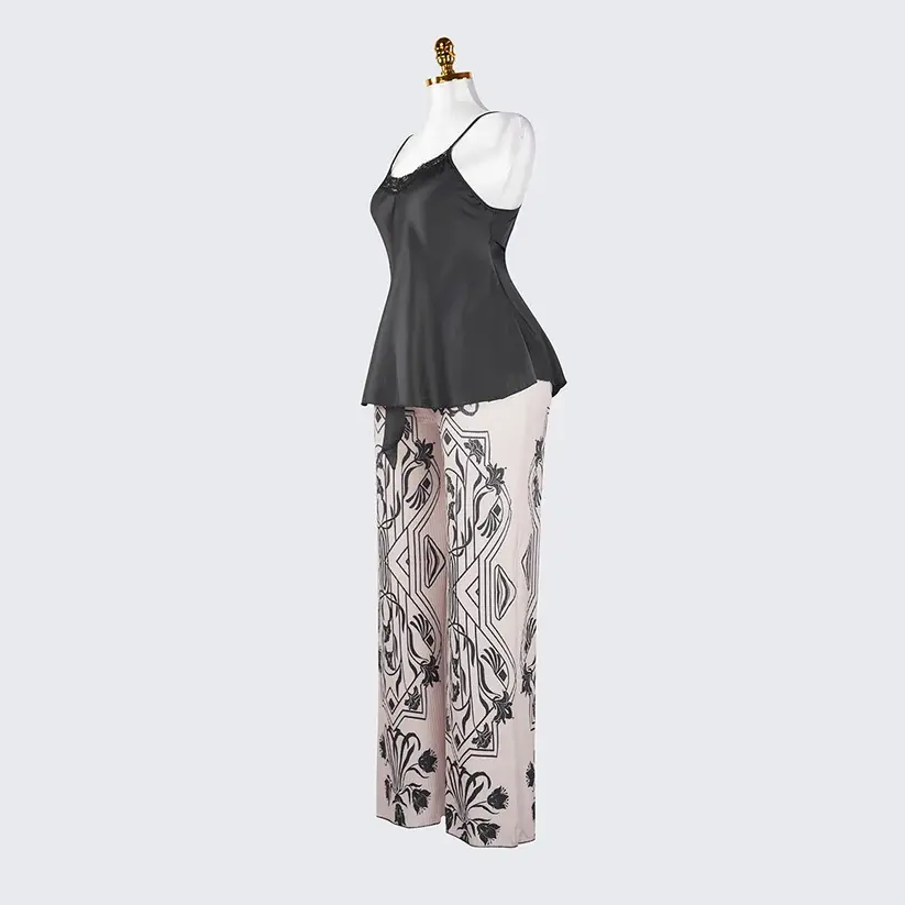 Silk Spaghetti Strap Lace Trim Camisole Pants Sleepwear Set