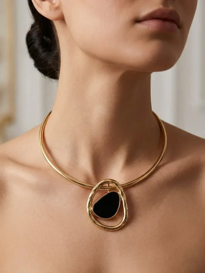 Gold Necklace with Black Pendant N-77
