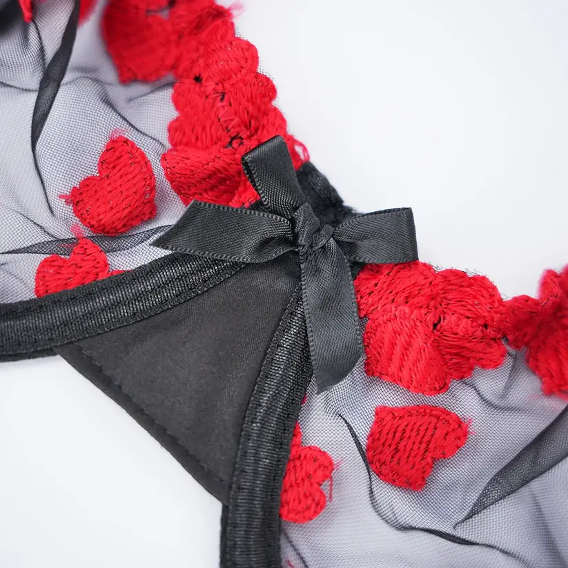 Sexy Heart Print Lace Cutout Three-Piece Lingerie Set