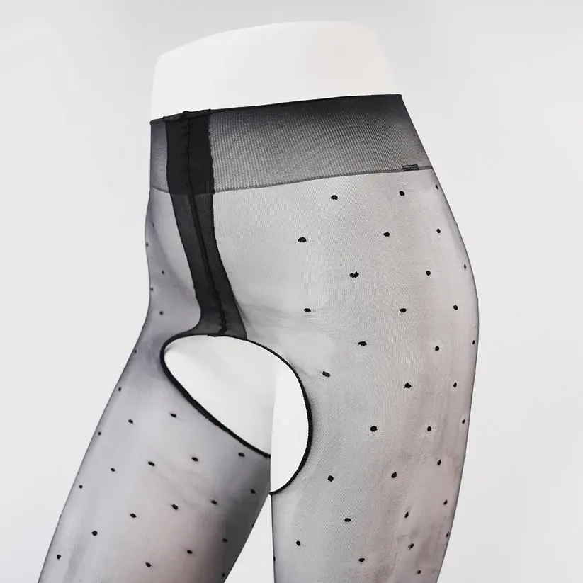 Sexy Crotchless Pantyhose Ultra-Thin 0D Polka Dot High Waist Shiny Black