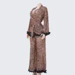 Leopard Contrast Cuffs 2 Piece Silky Pajama Set