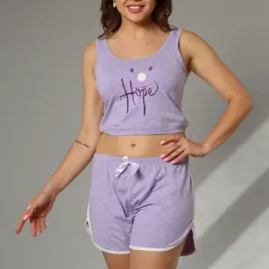 Sleeveless Cotton Summer Pajama Set – Printed Round Neck Top & Shorts, 2-Piece Design