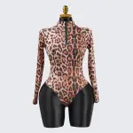 Sexy Leopard Long Sleeve Zipper Bodysuit