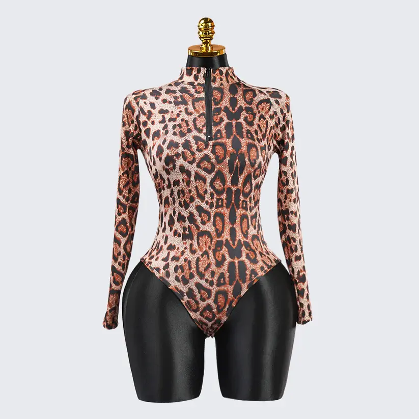 Sexy Leopard Long Sleeve Zipper Bodysuit