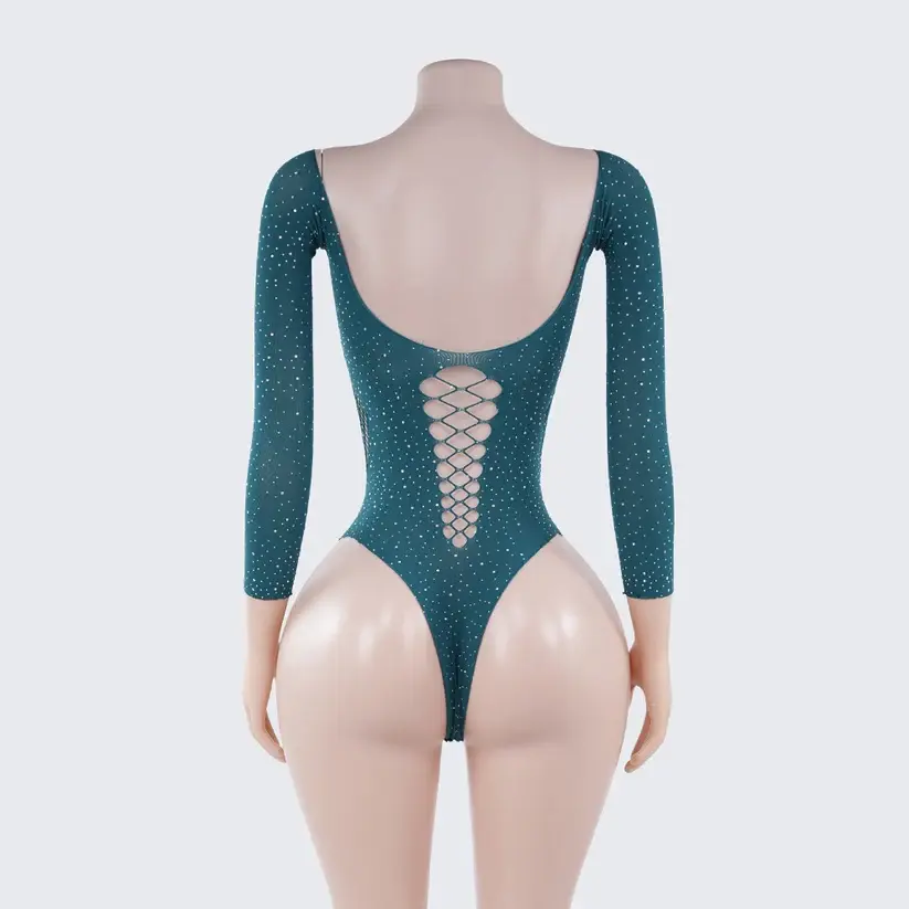 Rhinestone Long Sleeve Bodysuit Cutout See-Through Lingerie