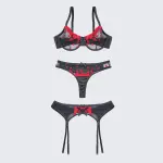 Sexy Heart Print Lace Cutout Three-Piece Lingerie Set