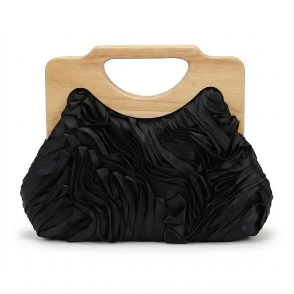 English: Elegant Ruched Handbag with Natural Wooden Handle. VS-53