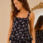 Black Floral Frill Cotton Cami Set
