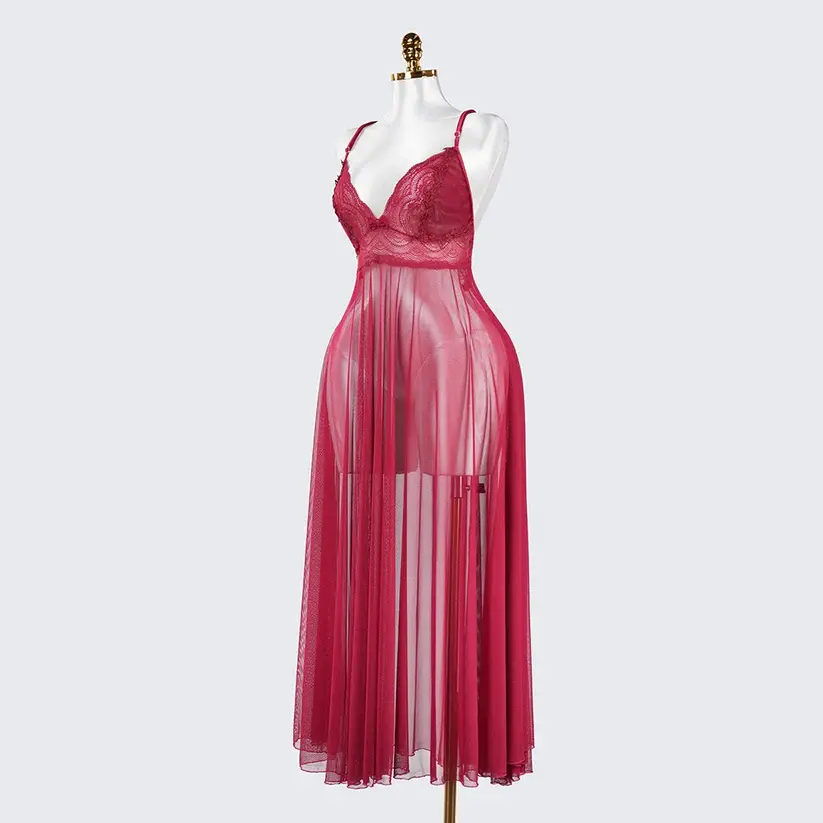 Sheer Embroidered Cutout Long Dress Fine Mesh Lingerie