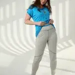 Women’s Casual Pajama Set – Printed Blue Top & Light Grey Leggings