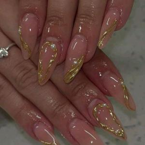 10pcs long almond-shaped pearl decor design gold 3D gel nails