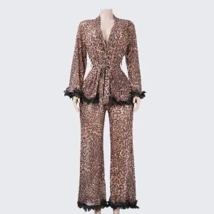 Leopard Contrast Cuffs 2 Piece Silky Pajama Set