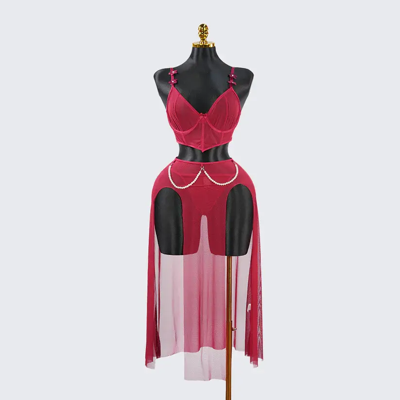 Red Sheer Mesh Lingerie Bra Panty Dress Set