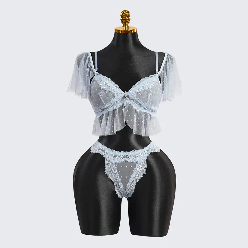 Vintage Polka Dot Light Blue Lace Bra & Panty Sets