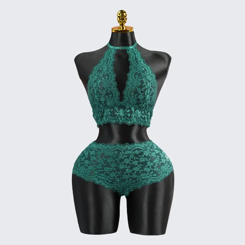 Sexy Green Lace Embroidery Halter Neck Bra Panty Set