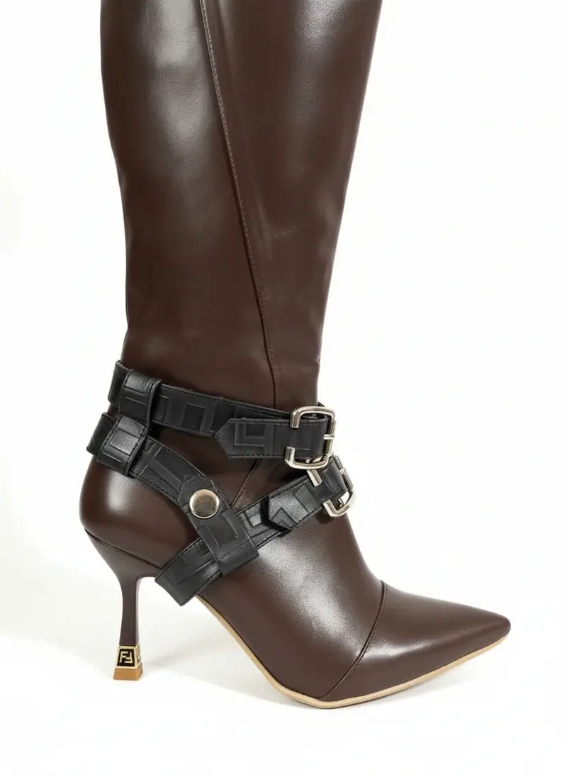 Boots with Decorative Ankle Straps Elegant Knee-High R-60