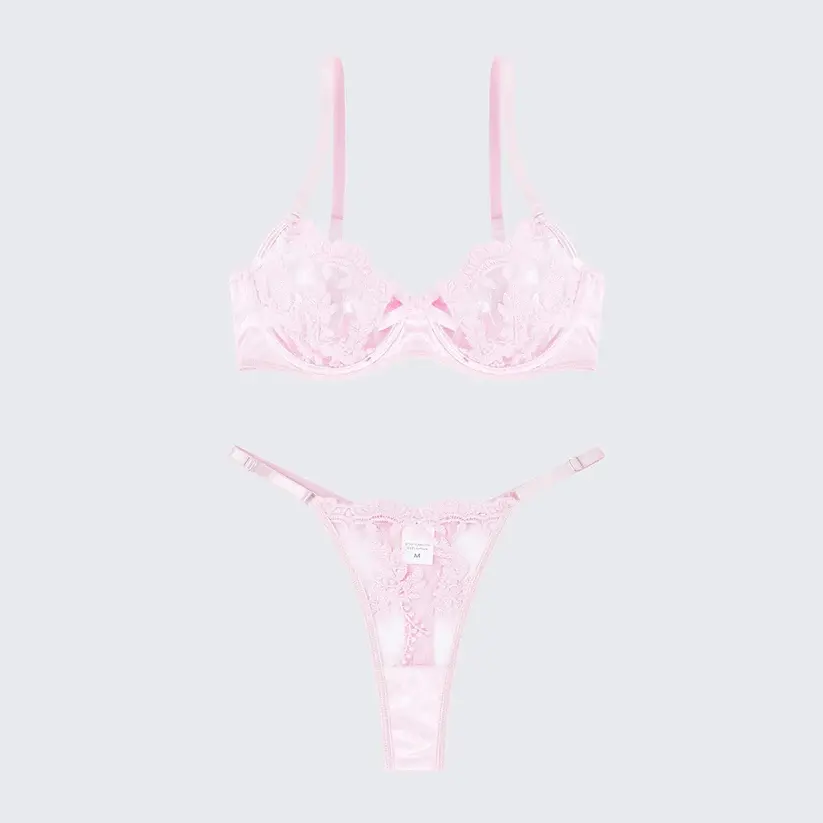 Sexy Mesh Embroidered See-Through Bra Thong Lingerie Set