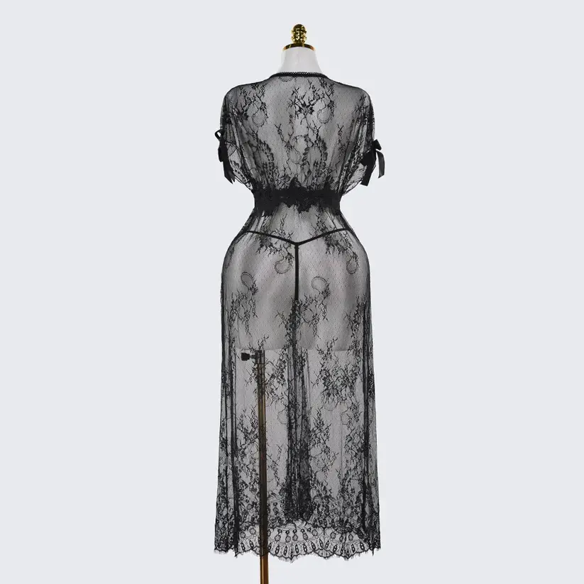 Black Lace Embroidery High Slit See-Through Seduction Negligee Panty Set