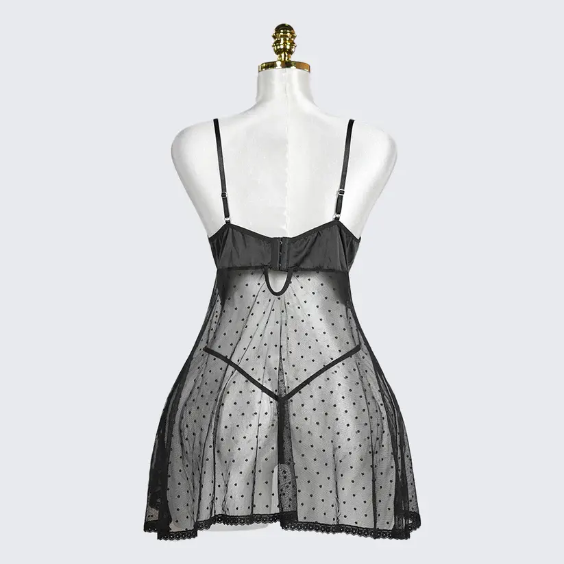 Black Polka Dot Mesh Gauze Top Panty Set