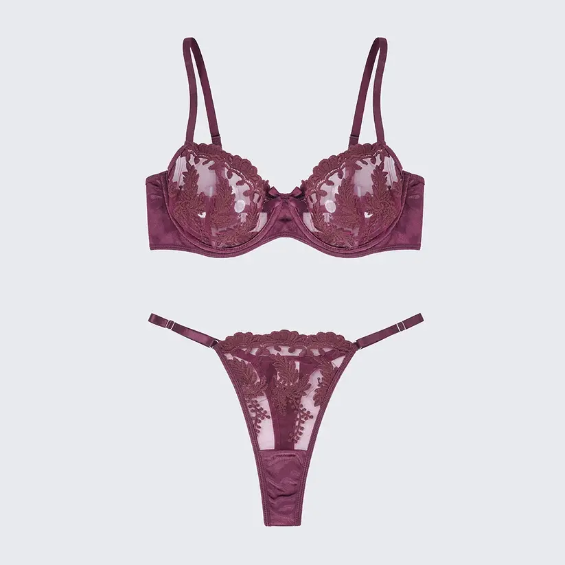 Sexy Mesh Embroidered See-Through Bra Thong Lingerie Set
