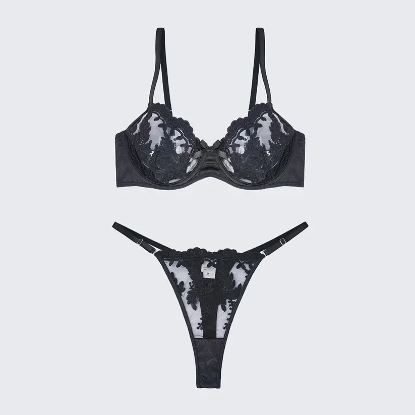 Sexy Mesh Embroidered See-Through Bra Thong Lingerie Set
