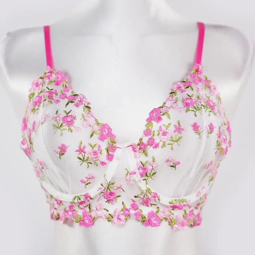 Rose Red Sheer Floral Print Bra and Panty Set
