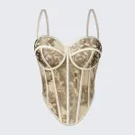 Embroidered Boned Corset Top Built-in Pad Sheer Bustier Camisole