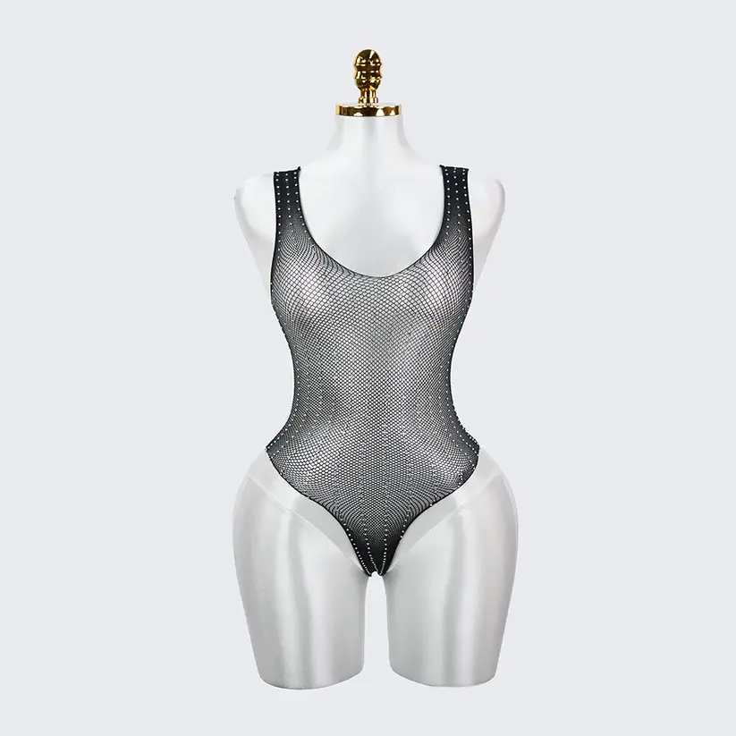 Sexy Seductive Rhinestone Crystal Lingerie Mesh Bodysuit