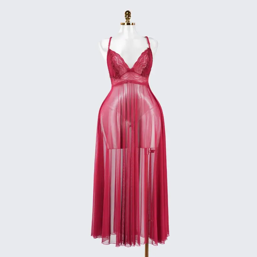 Sheer Embroidered Cutout Long Dress Fine Mesh Lingerie