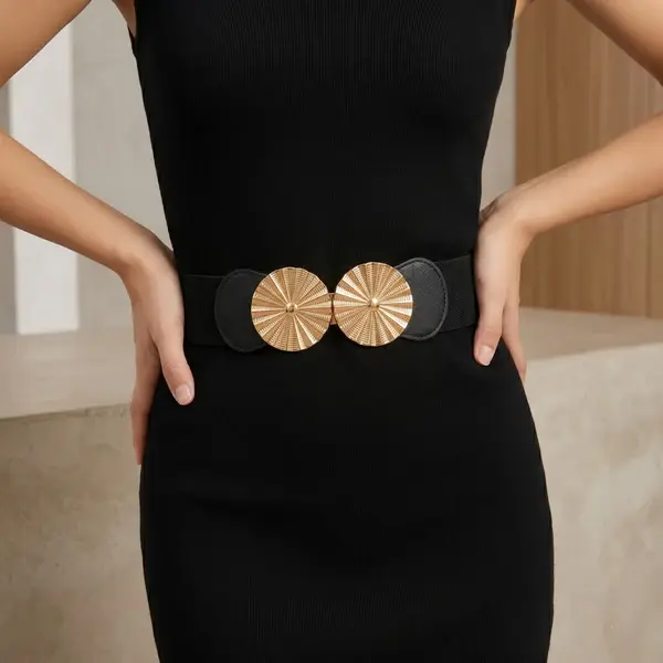 Elastic Waist Belt with Double Golden Medallion Buckle T-53