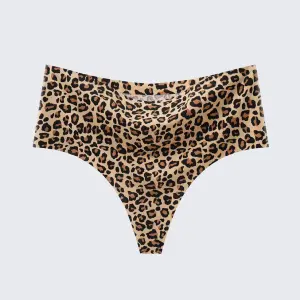 Women's Seamless Ice Silk Thong Underwear Leopard Print & Solid Color Panties
