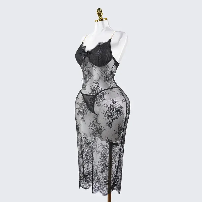 Lace Embroidery See-Through Bridal Lingerie Dress