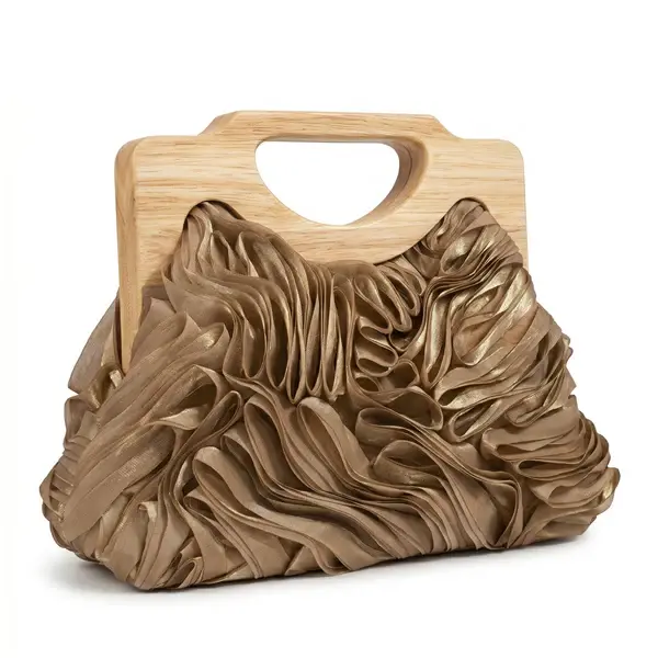 English: Elegant Ruched Handbag with Natural Wooden Handle. VS-53