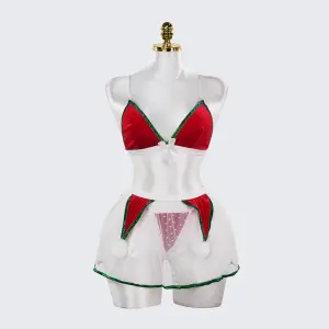 Christmas Velvet See-Through Seduction Bra Panties Miniskirt Set