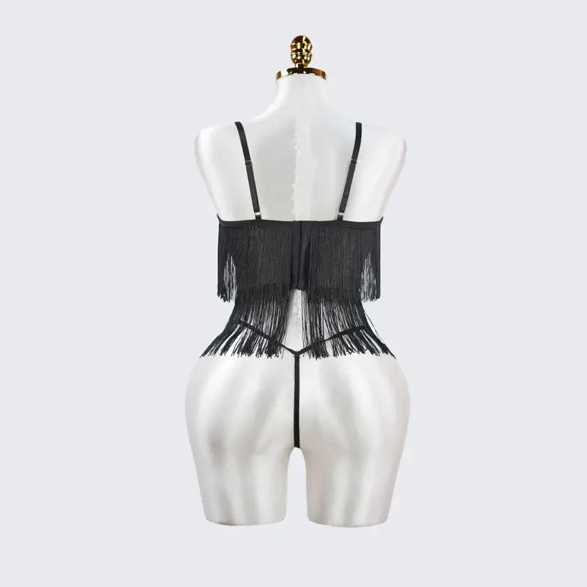 Black Sheer Fringe Corset Panty Set