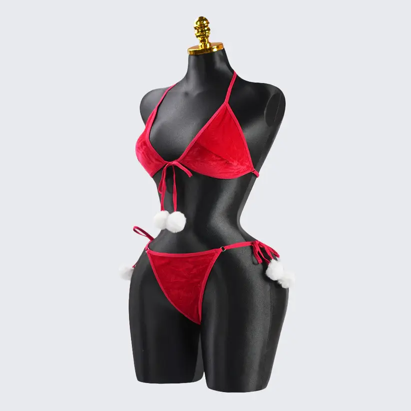Red Velvet Pom-Pom Embellishment Bra & Panty Set
