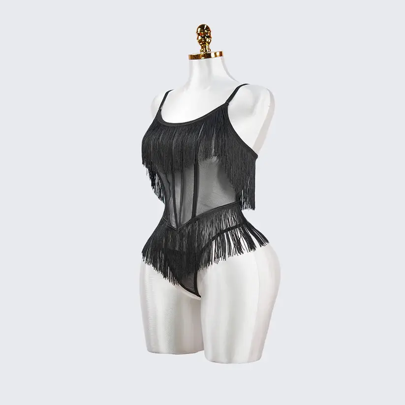 Black Sheer Fringe Corset Panty Set