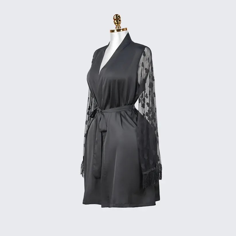 Luxurious Silk Lace Trimmed Kimono Robe
