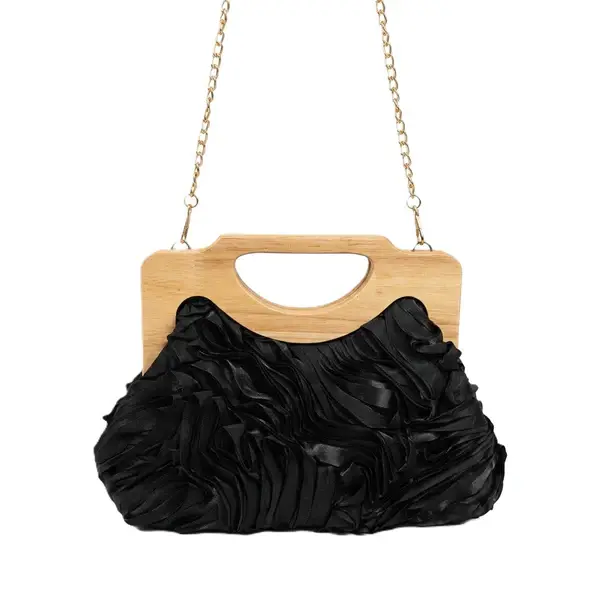 English: Elegant Ruched Handbag with Natural Wooden Handle. VS-53