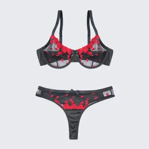 Sexy Heart Print Lace Cutout Three-Piece Lingerie Set