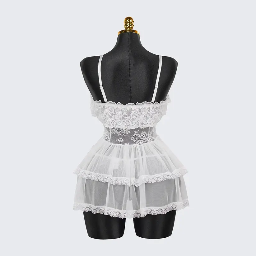 Lace Embroidery Deep V See-Through Babydoll Skirt