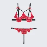 Plus Size Sexy Floral Open Bust Bra Thong Three Point Lingerie Set